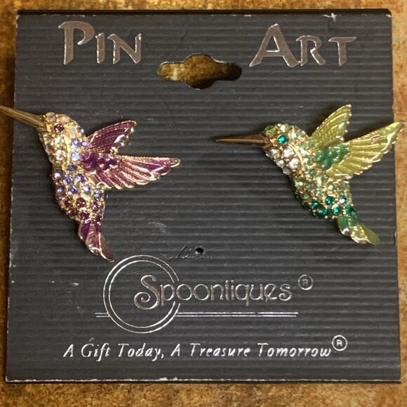 Hummingbird Spoontiques Pin Art Purple and Green w/ Crystals Set of Two - Picture 1 of 6